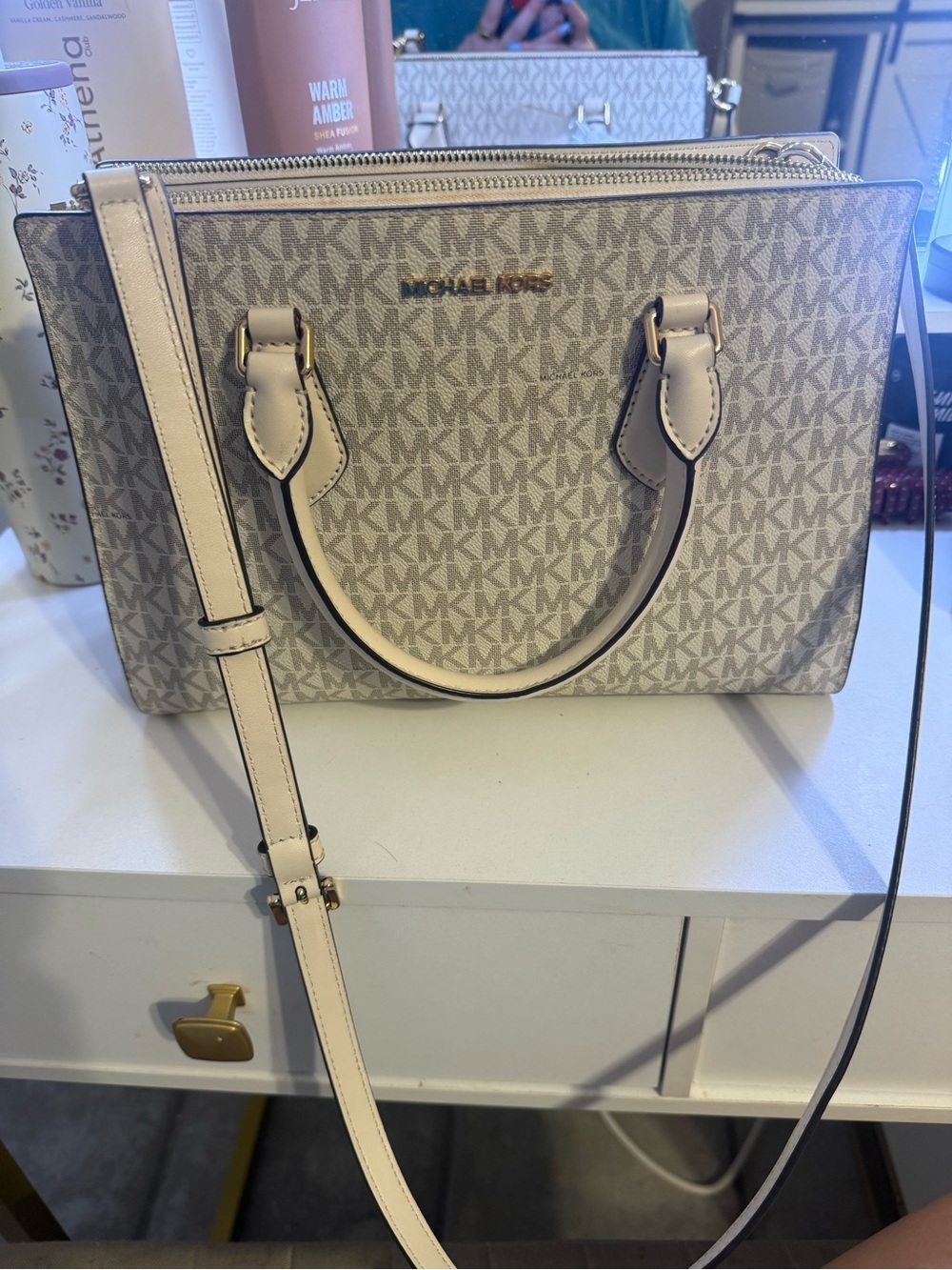 Michael Kors Beige Signature MK Satchel with Cream Trim